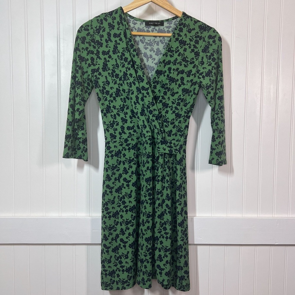 HAIL3Y:23 Dress Green Floral Skater Glam Faux Wrap 3/4 Sleeve V-Neck Stretch S